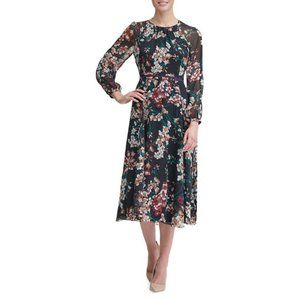 TOMMY HILFIGER Womens Black Floral Long Sleeve Jewel Neck Midi Sheath